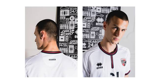 Front and back views of the FC Ingolstadt 04 2024/25 away shirt designed by Erreà, worn by a model.