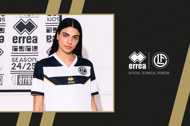 A promotional image showing a model wearing the FC Lugano 24/25 away shirt by Erreà.