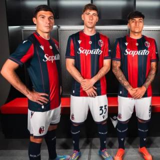 Bologna FC players model the 2025/26 home kit featuring traditional red and blue vertical stripes.