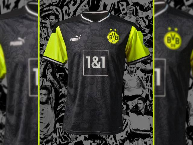 Borussia Dortmund special edition retro shirt by Puma featuring a black torso and yellow sleeves.