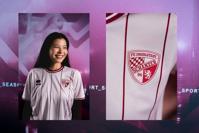 A presentation of the FC Ingolstadt 04 third shirt, showing a model wearing the white and red pinstripe jersey alongside a close-up of the club crest.