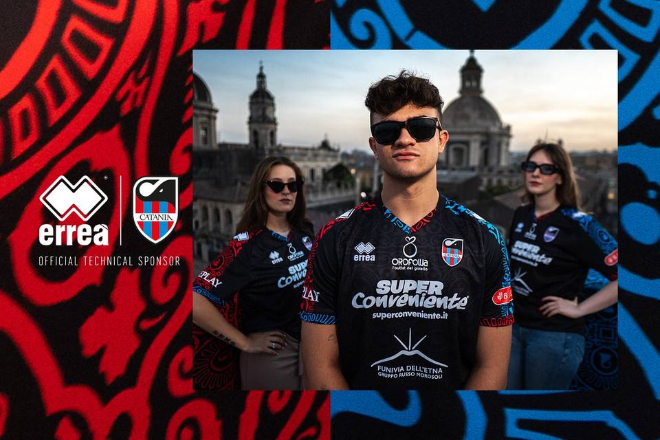 Models posing on a rooftop wearing the Catania FC 2023/24 third football shirt.