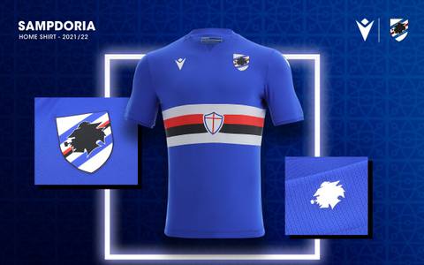 A presentation graphic of the U.C. Sampdoria 2021/22 home shirt featuring its classic blue design with a central horizontal band.