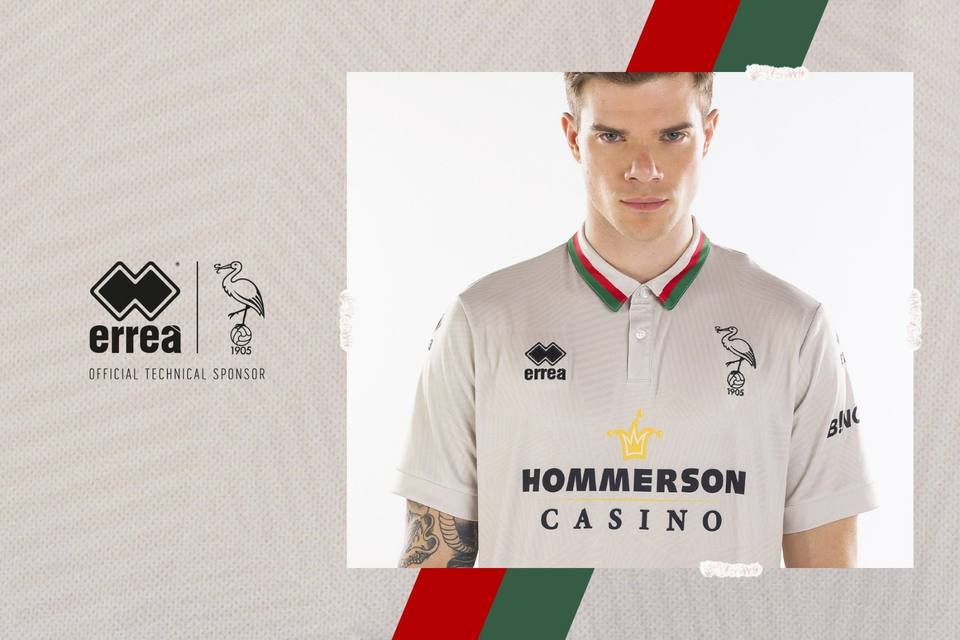 Promotional graphic showing the ADO Den Haag 2023/24 away shirt by Errea.