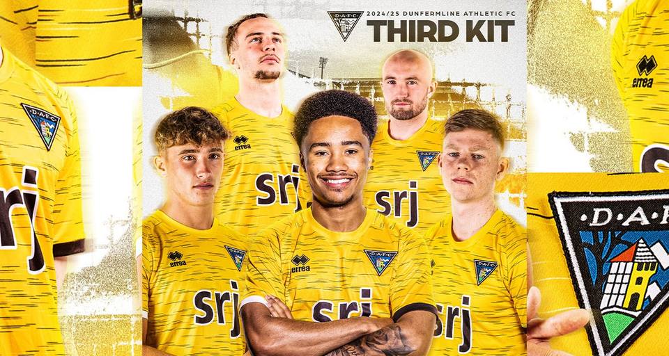 Dunfermline Athletic FC 2024/25 third kit launch graphic featuring several players wearing the new yellow shirt.