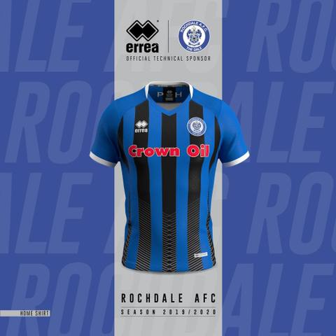 The Rochdale A.F.C. 2019/20 home shirt by Errea featuring blue and black vertical stripes.