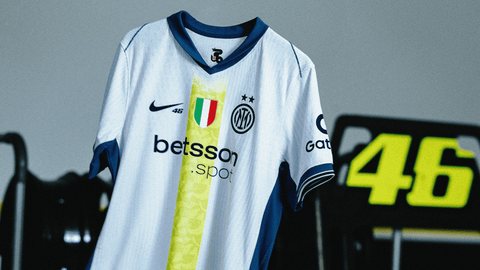 A special edition Inter Milan away shirt dedicated to Valentino Rossi, featuring a yellow vertical stripe and his iconic number 46 under the swoosh.