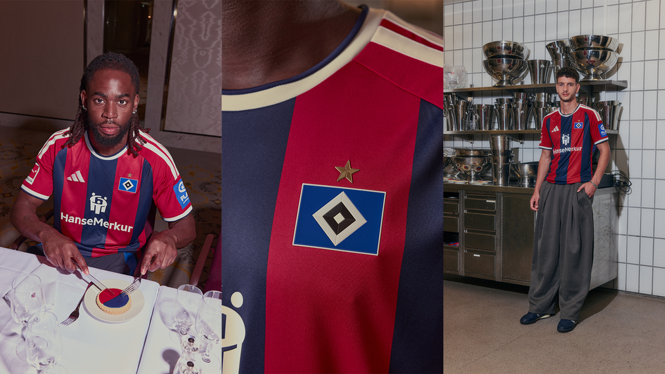 HSV-Spieler posieren in neuem Ausweichtrikot.