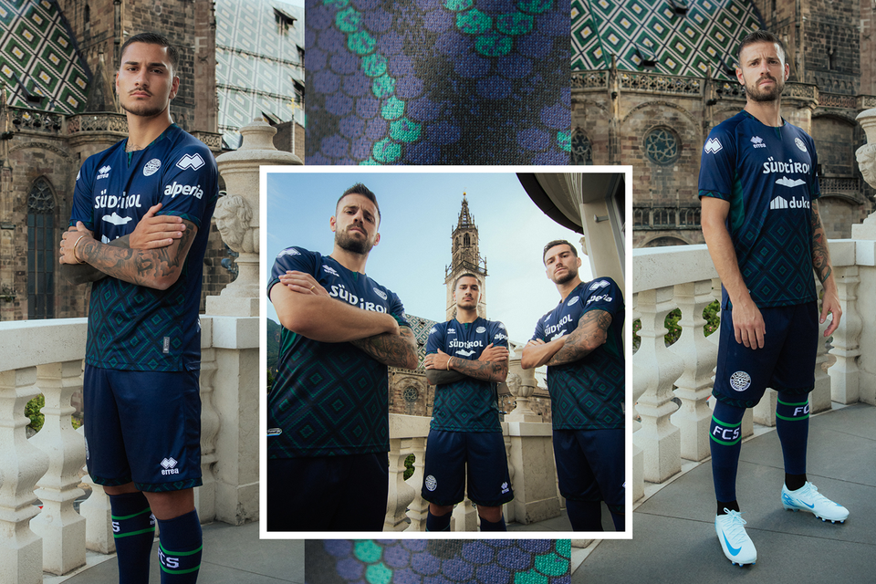 A campaign collage presenting the FC Südtirol 2024/25 away shirt worn by players against the backdrop of the Bolzano Cathedral.
