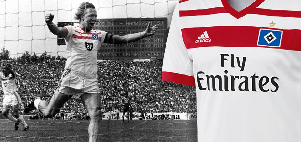 A promotional graphic displaying the Hamburger SV home shirt alongside a historic photo of Horst Hrubesch.