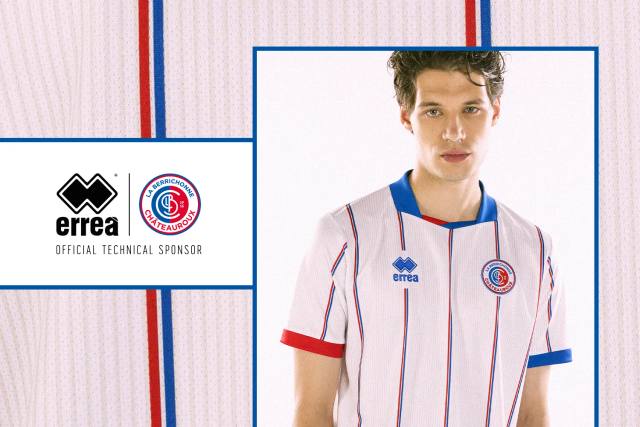 A campaign image showing the La Berrichonne de Châteauroux 2023/24 away shirt worn by a model.