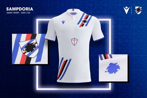 The Sampdoria 2021/22 away shirt by Macron, featuring a white base with diagonal blucerchiati stripes.