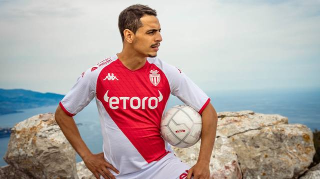 Wissam Ben Yedder wearing the AS Monaco 2022/23 home shirt during a campaign shoot.