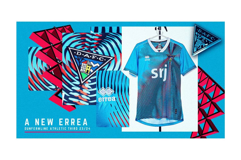Dunfermline Athletic FC 2023/24 third shirt by Erreà, presented in a graphic collage.