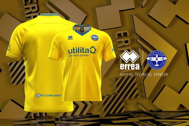 The yellow Erreà away kit of Eastleigh FC for the 2024/25 season, showing both front and back views.