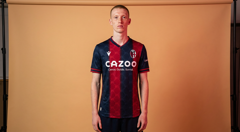AI recreation of the Bologna home 2022/23 shirt, generated by Kitlist from its documented design record.