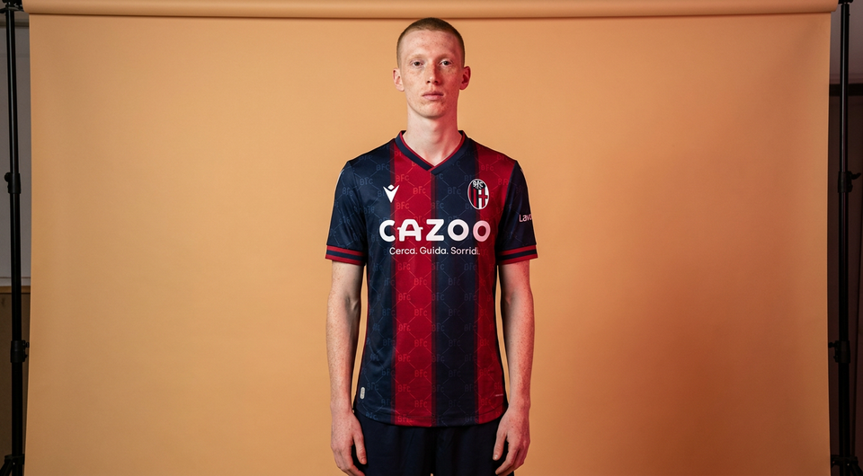 AI recreation of the Bologna home 2022/23 shirt, generated by Kitlist from its documented design record.