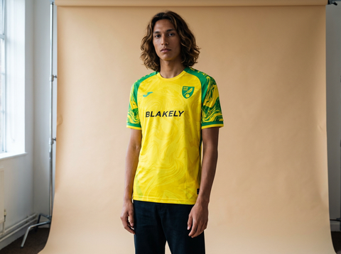 AI recreation of the Norwich City home 2026/27 shirt, generated by Kitlist from its documented design record.