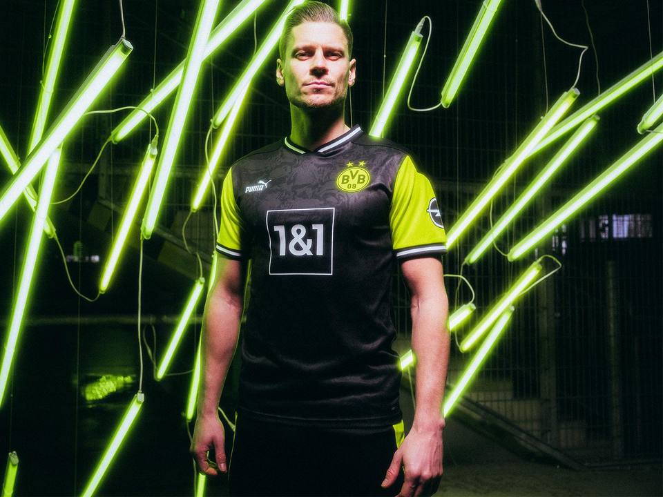 Borussia Dortmund special edition retro shirt worn by Łukasz Piszczek in a promotional campaign photoshoot.