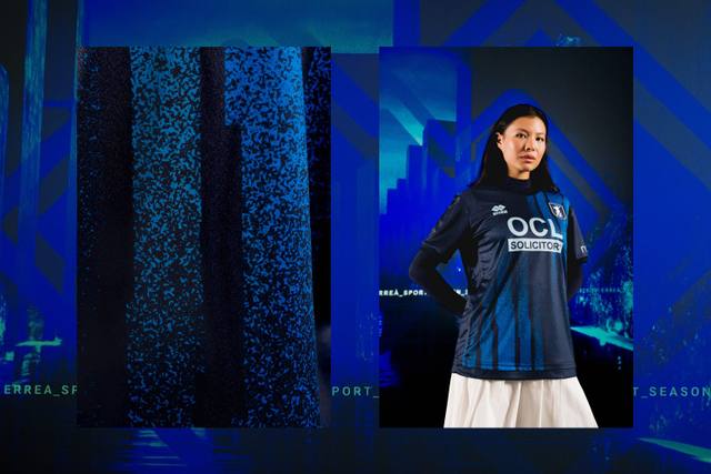 A presentation graphic showing the Mansfield Town FC 2025/26 away shirt, featuring a detailed texture close-up on the left and a model wearing the dark blue and royal blue striped shirt on the right.