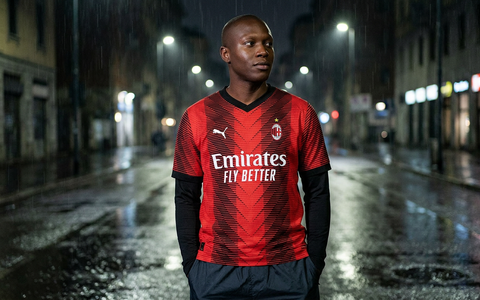 AI recreation of the AC Milan home 2023/24 shirt, generated by Kitlist from its documented design record.