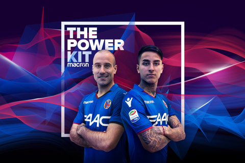 Bologna FC players presenting the blue 2017/18 third kit in a promotional campaign image.