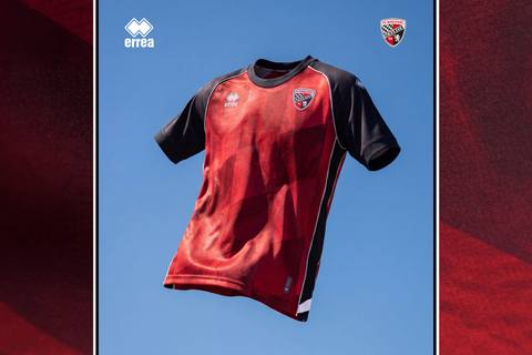 The FC Ingolstadt 2026/27 home shirt by Erreà, featuring a red patterned front with black sleeves.
