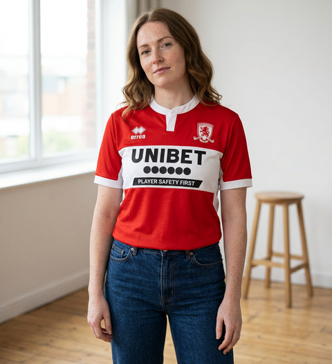 AI recreation of the Middlesbrough FC home 2022/23 shirt, generated by Kitlist from its documented design record.