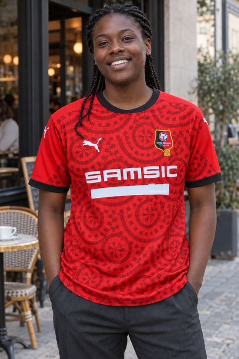 AI recreation of the Stade Rennais home 2020/21 shirt, generated by Kitlist from its documented design record.