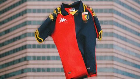 Genoa CFC 2023/24 fourth shirt shown in a product shot with a blurred architectural background.