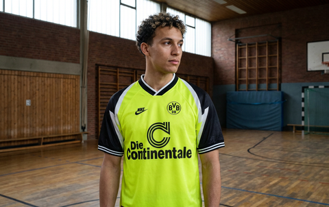 AI recreation of the Borussia Dortmund home 1995/96 shirt, generated by Kitlist from its documented design record.