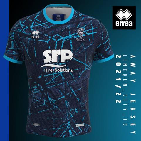 Lincoln City F.C. 2021/22 away shirt by Erreà, featuring a dark blue base with a light blue shattered line pattern.