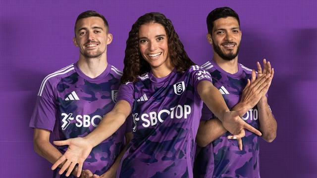 Fulham FC players wearing the 2024/25 third shirt featuring a purple and navy camo pattern.