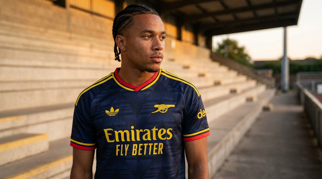AI recreation of the Arsenal away 2026/27 shirt, generated by Kitlist from its documented design record.